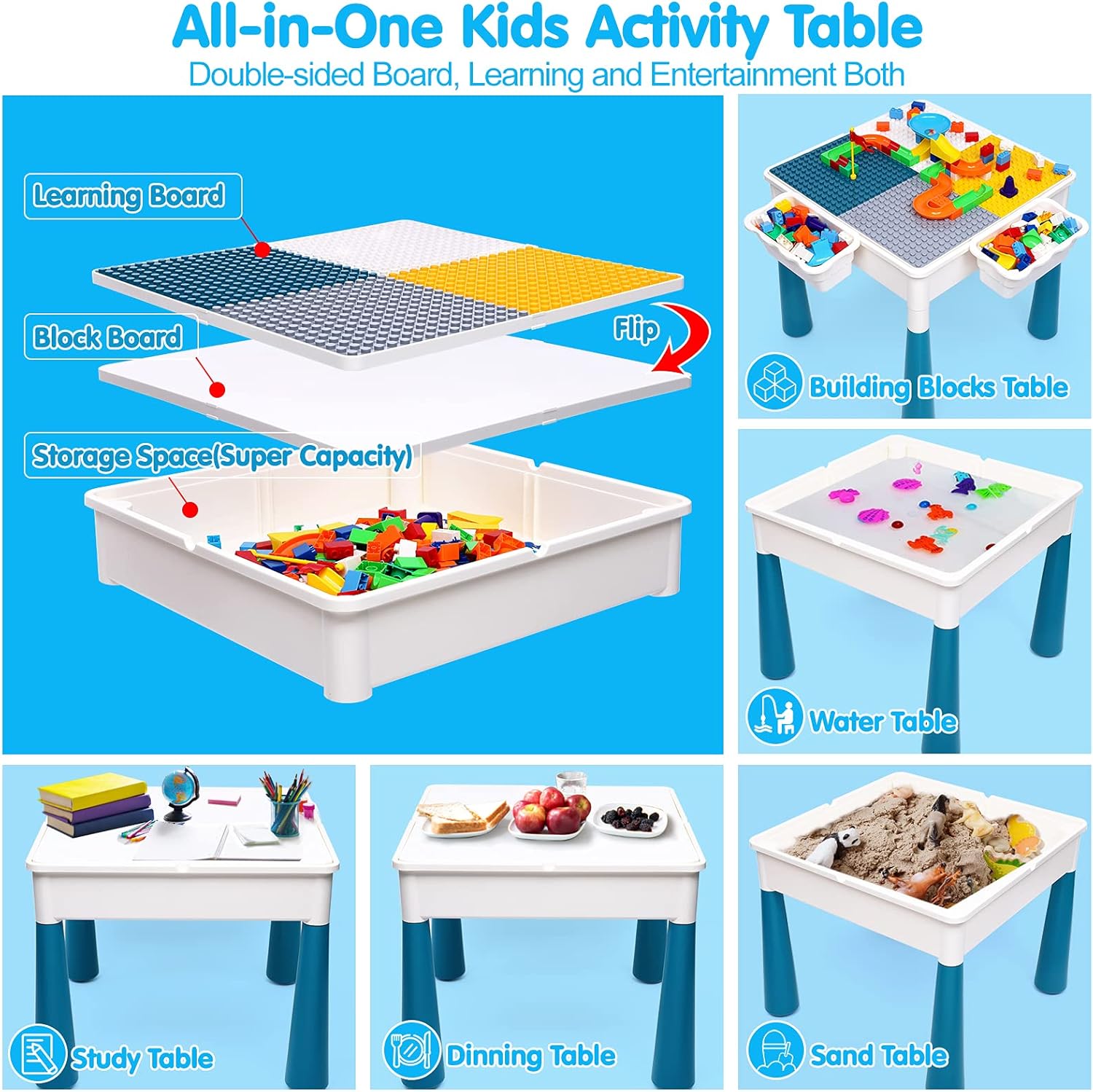 Kids Activity Table and Chair Set with 152Pcs Marble Run Building Blocks Water Table Sand Table STEM Toys H56188