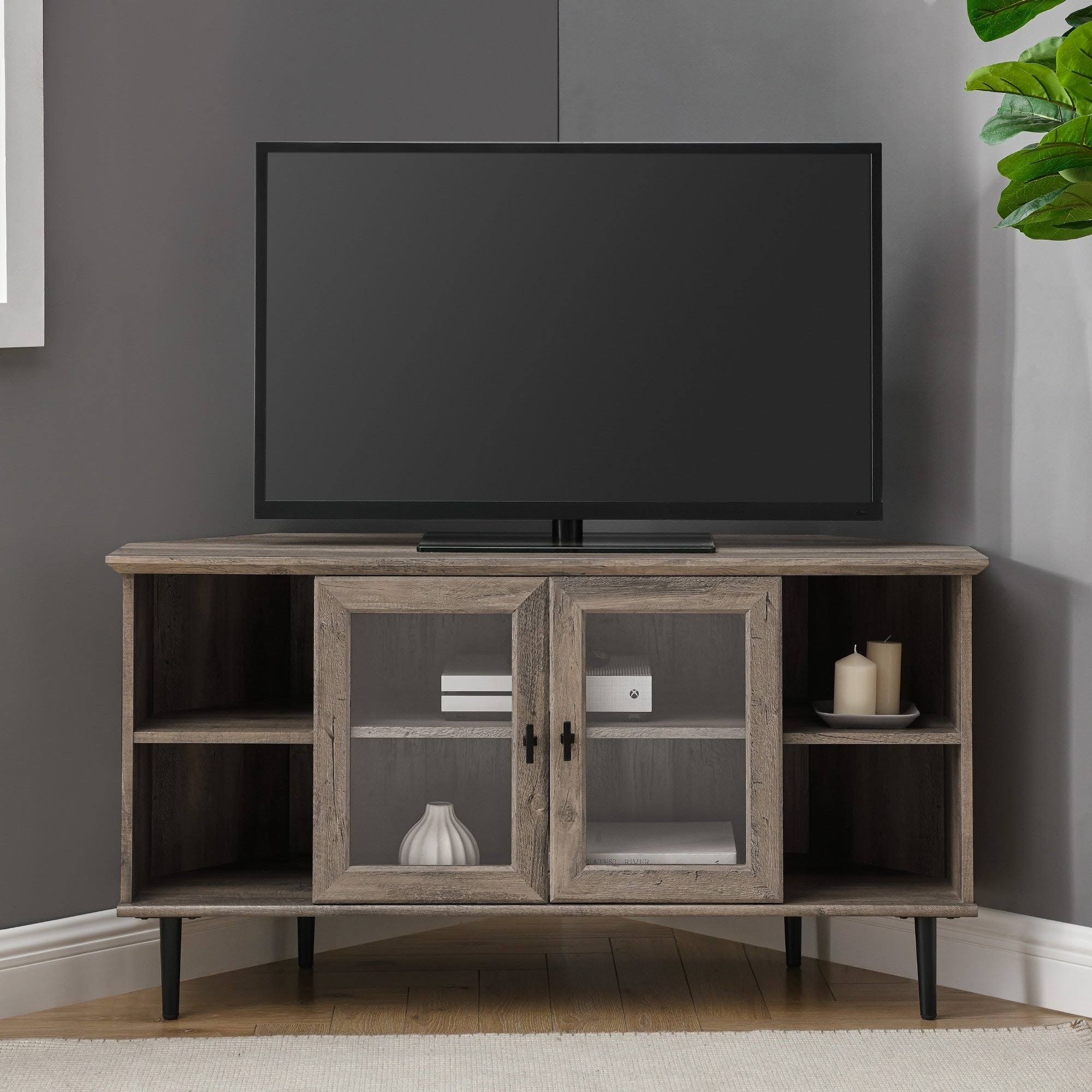 Dark Walnut Glass Door Corner TV Console X898980