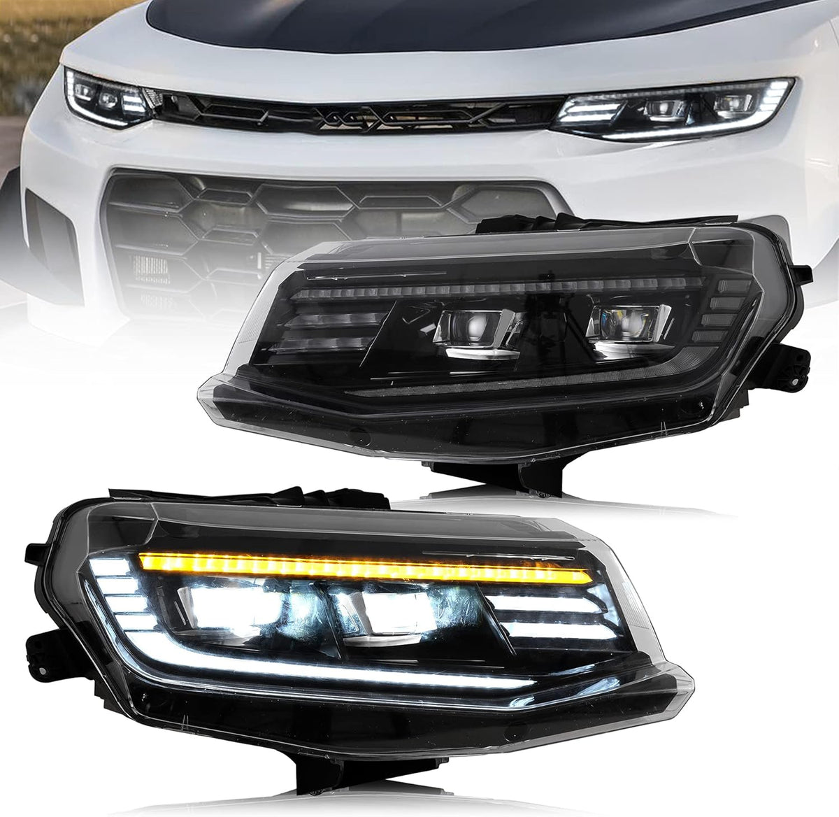 Projector LED Headlights for Chevy Camaro 2016-2018, Amber Sequential Turn Signal, Passenger+Driver Sides N679619