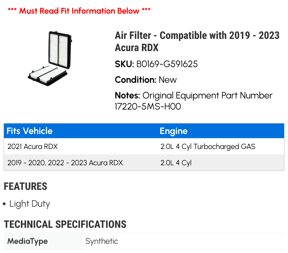 Air Filter for 2019 - 2023 Acura RDX R1159