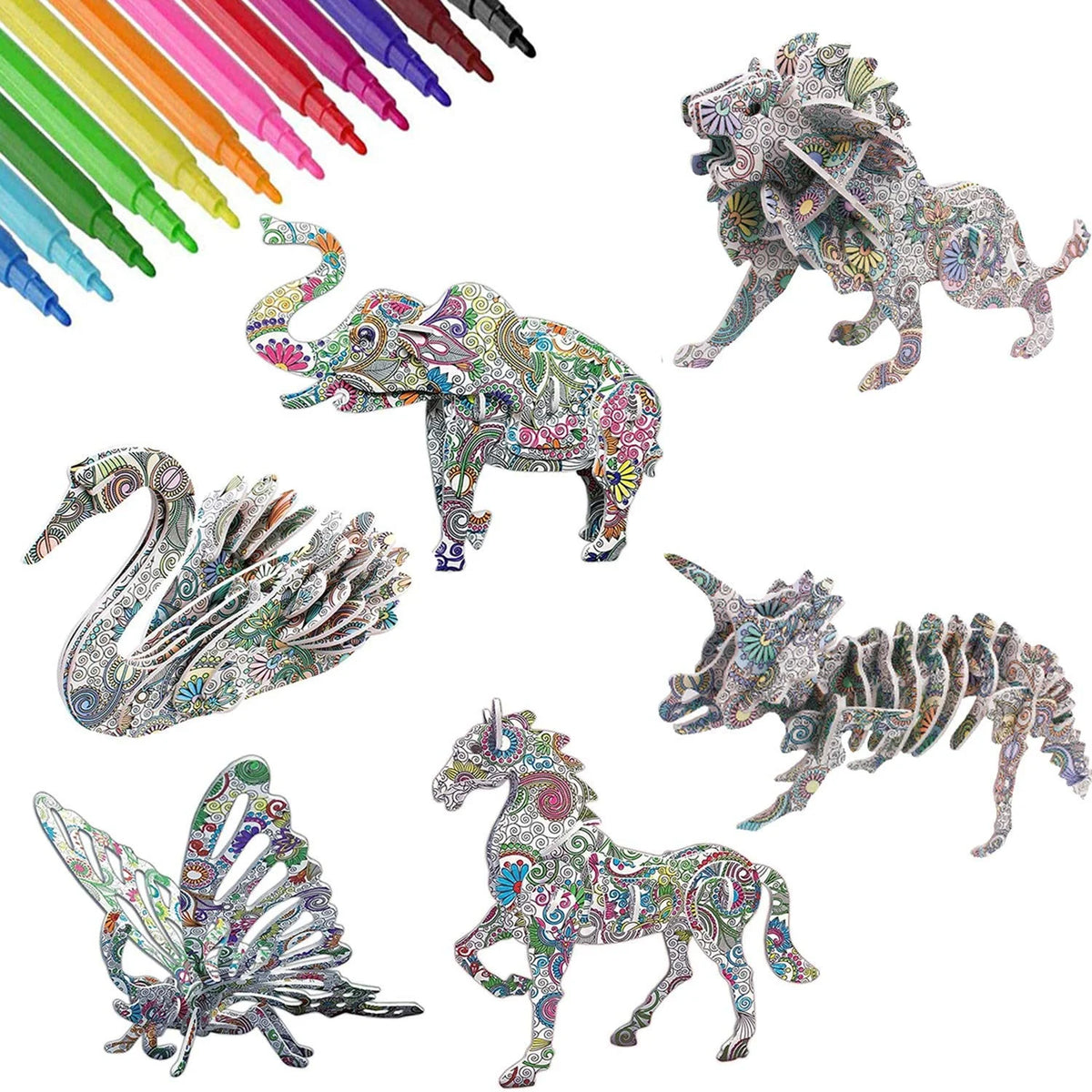 3D Coloring Puzzle Set with 24 Pen Arts and Crafts Kit E543731