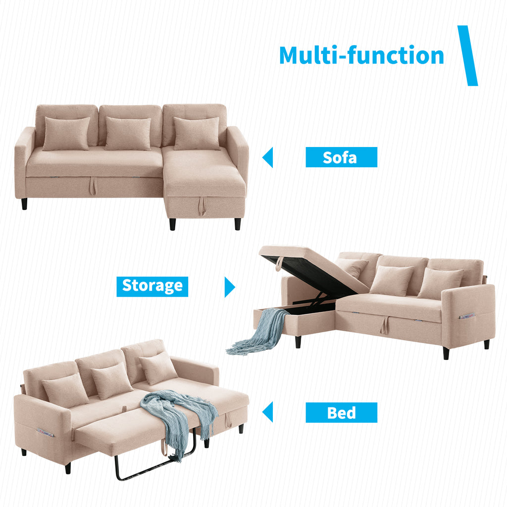 Beige Linen Reversible Sleeper Sectional Sofa with Storage Chaise J58976