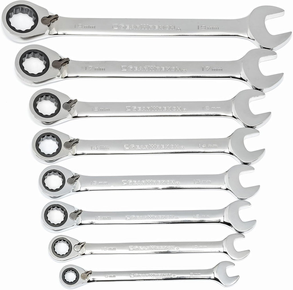 8 Pc. 12 Pt. Reversible Ratcheting Combination Wrench Set, Metric L80576