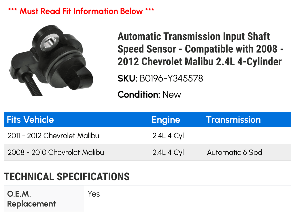 Automatic Transmission Input Shaft Speed Sensor T17582
