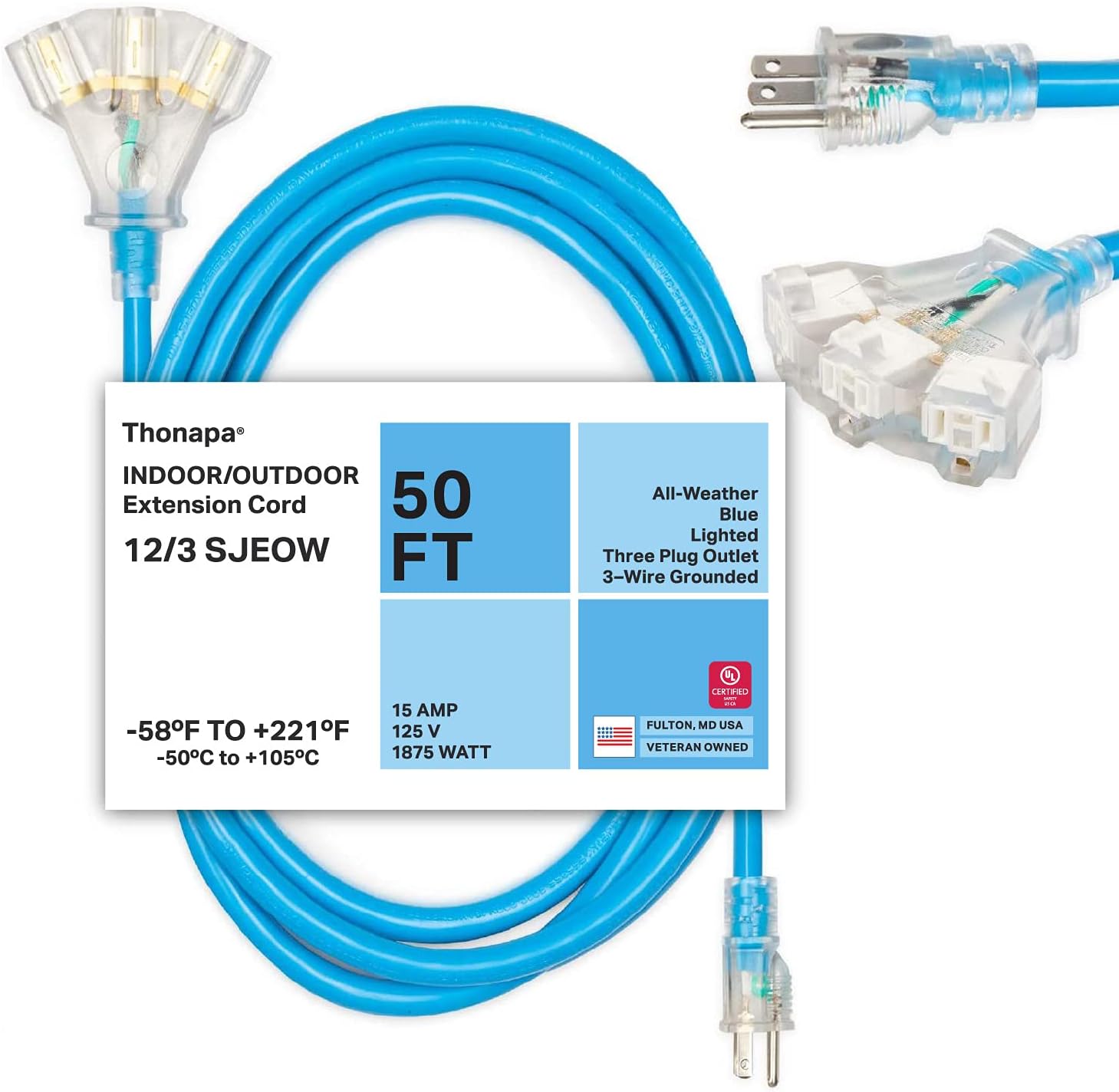 50 Ft All Weather Extension Cord with 3 Outlets, 12/3 SJEOW Heavy Duty Lighted Outdoor Cable S56742