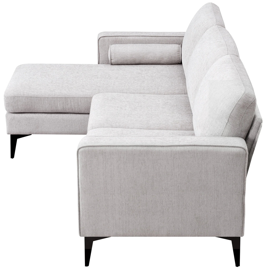 L-Shaped Sectional Sofa with Reversible Chaise, 3 Seater Chenille Fabric Modular Couch with Pillows Metal Legs R1489