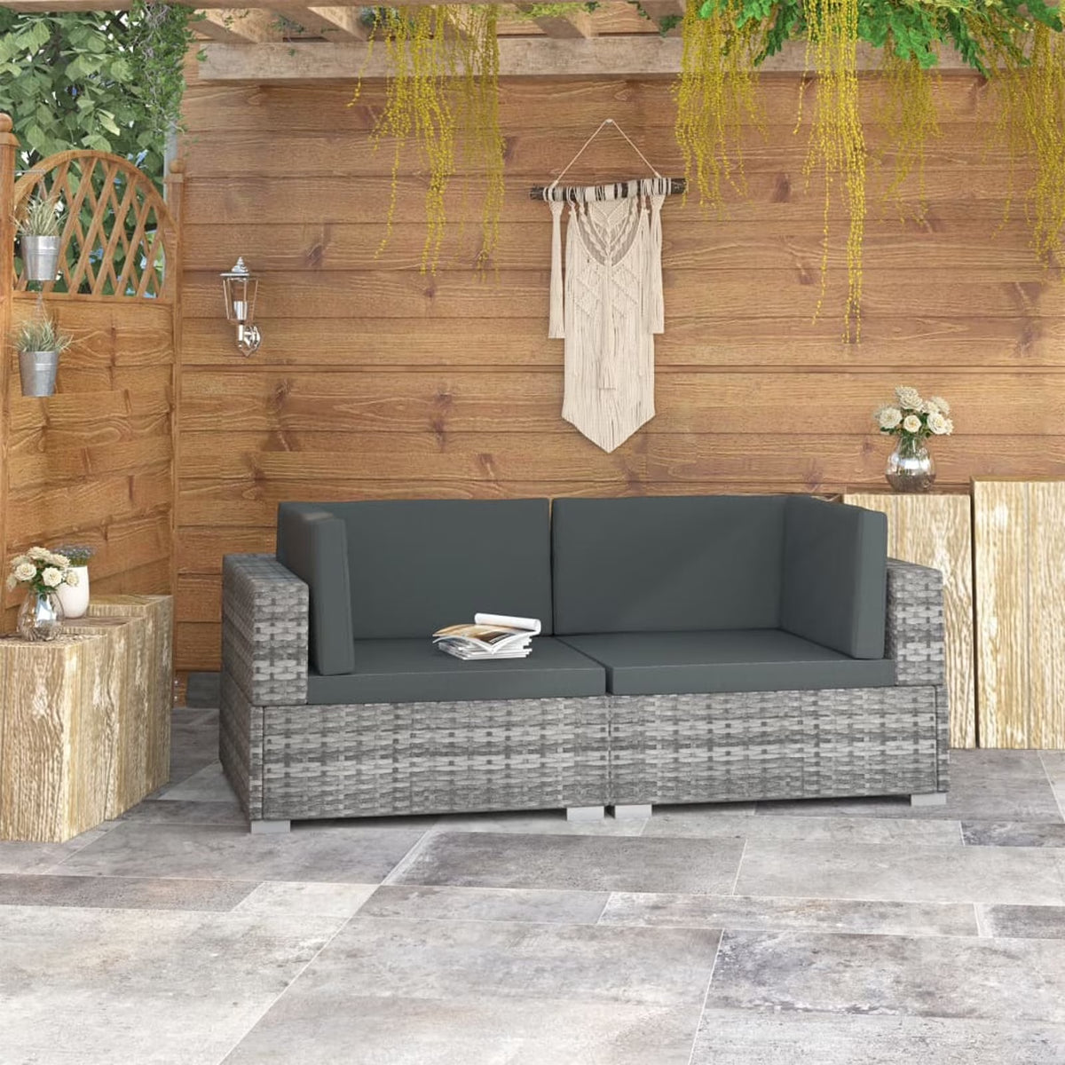 Set of 2 Gray Poly Rattan Corner Sofa with Cushions X545975