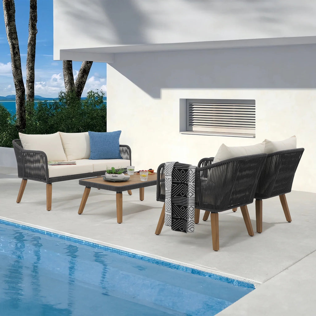 Cream White Acacia Wood Patio Rope Sofa Set with Coffee Table I8056