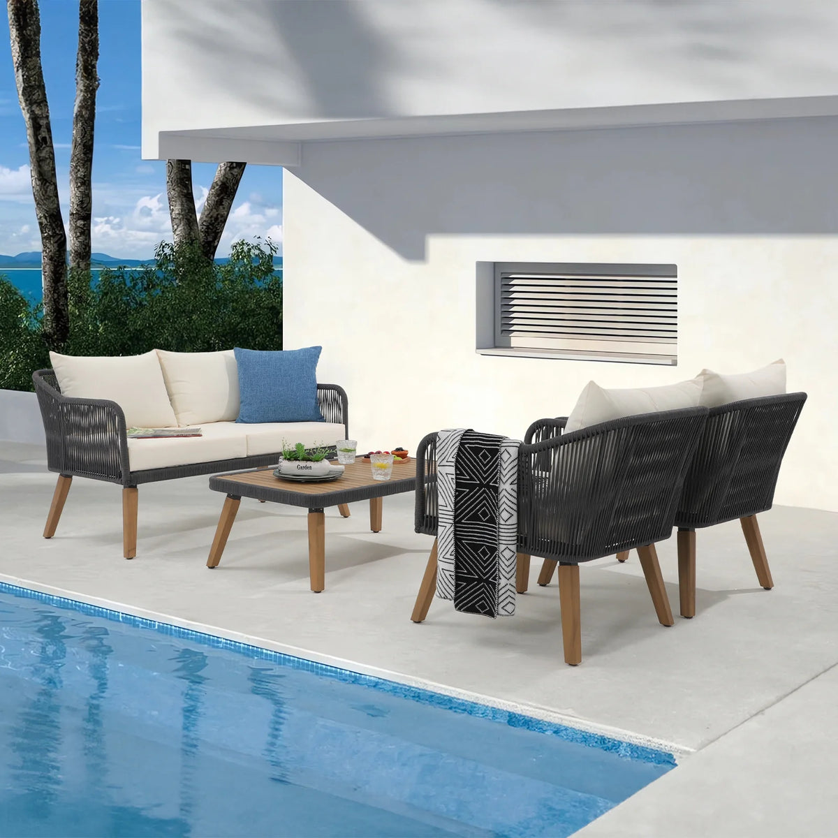 Cream White Acacia Wood Patio Rope Sofa Set with Coffee Table I8056
