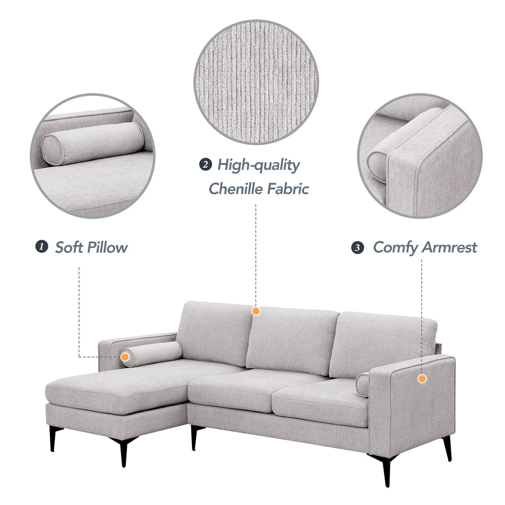 L-Shaped Sectional Sofa with Reversible Chaise, 3 Seater Chenille Fabric Modular Couch with Pillows Metal Legs R1489