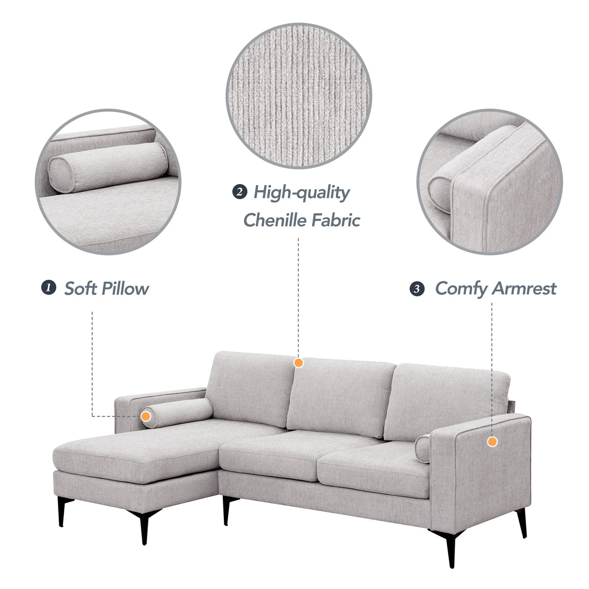 L-Shaped Sectional Sofa with Reversible Chaise, 3 Seater Chenille Fabric Modular Couch with Pillows Metal Legs R1489