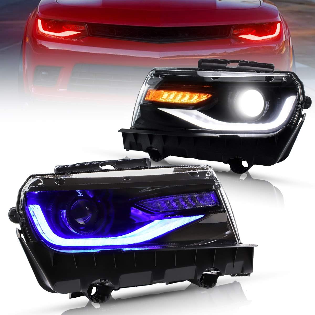 Projector LED Headlights for Chevy Camaro 2016-2018, Amber Sequential Turn Signal, Passenger+Driver Sides N679619