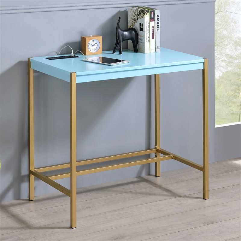 Aruba Blue and Gold Wood Writing Desk with USB Port D104
