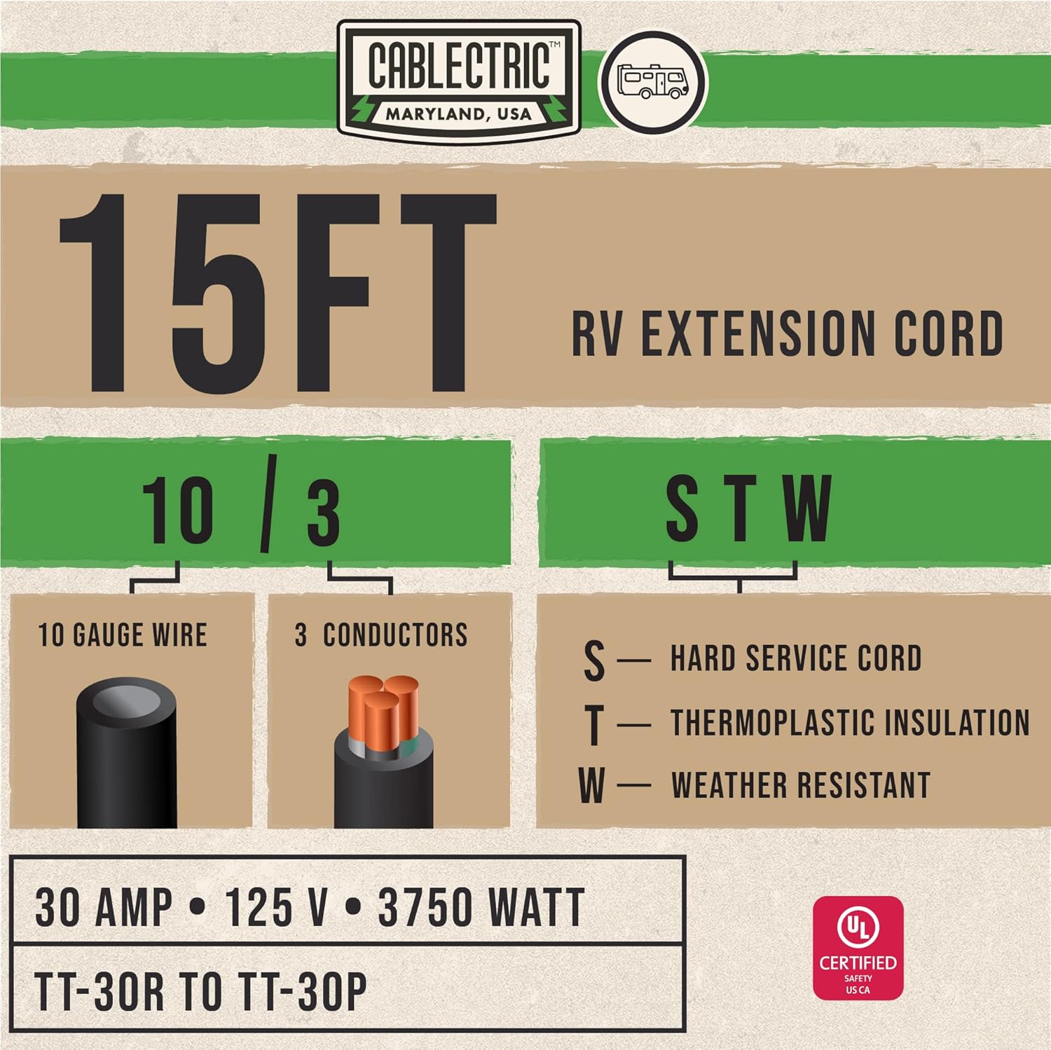 30 Amp 10/3 RV Extension Cord 25 Ft STW TT-30R to TT-30P 125v Green and Black T4136