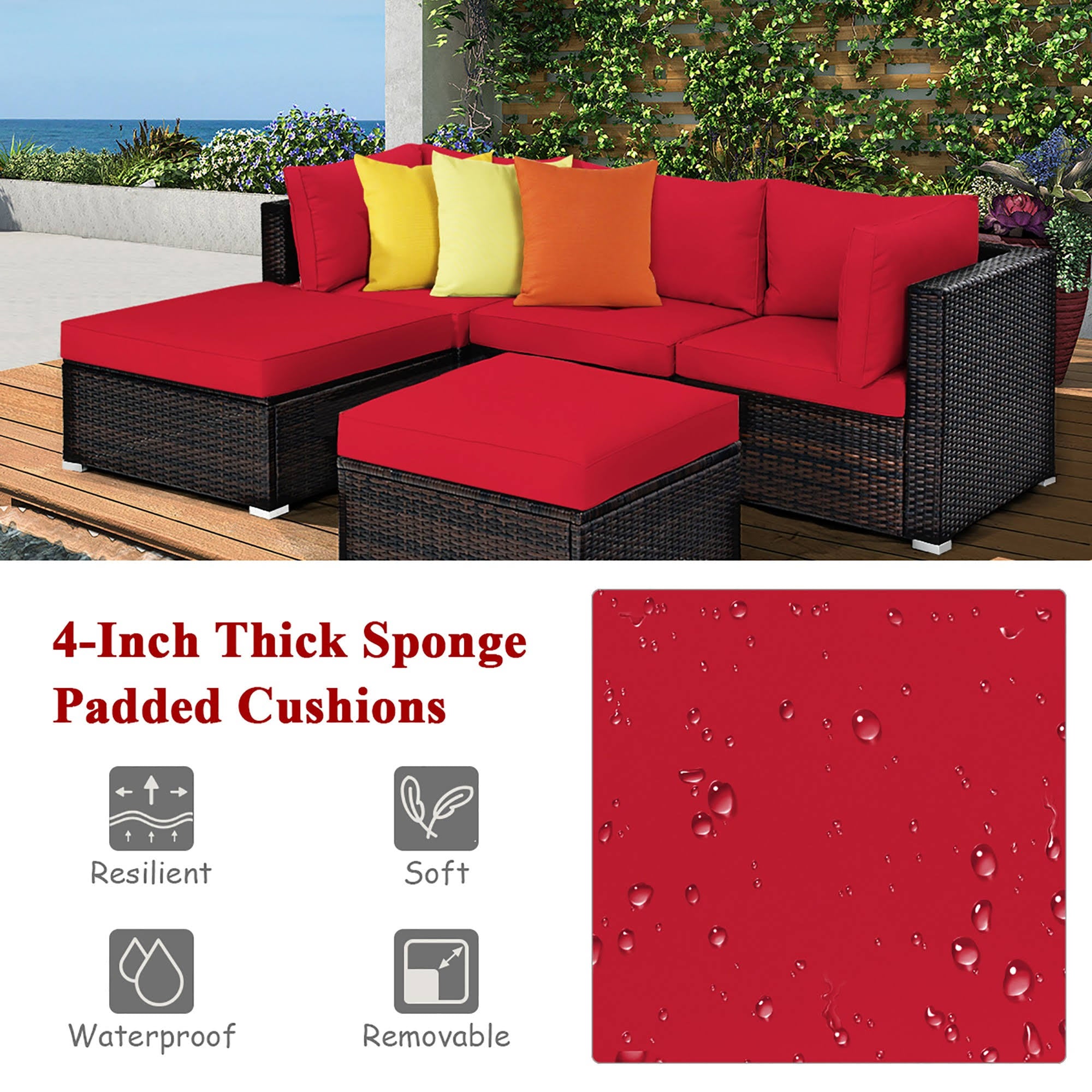Red 5 Piece Patio Rattan Furniture Set O49104