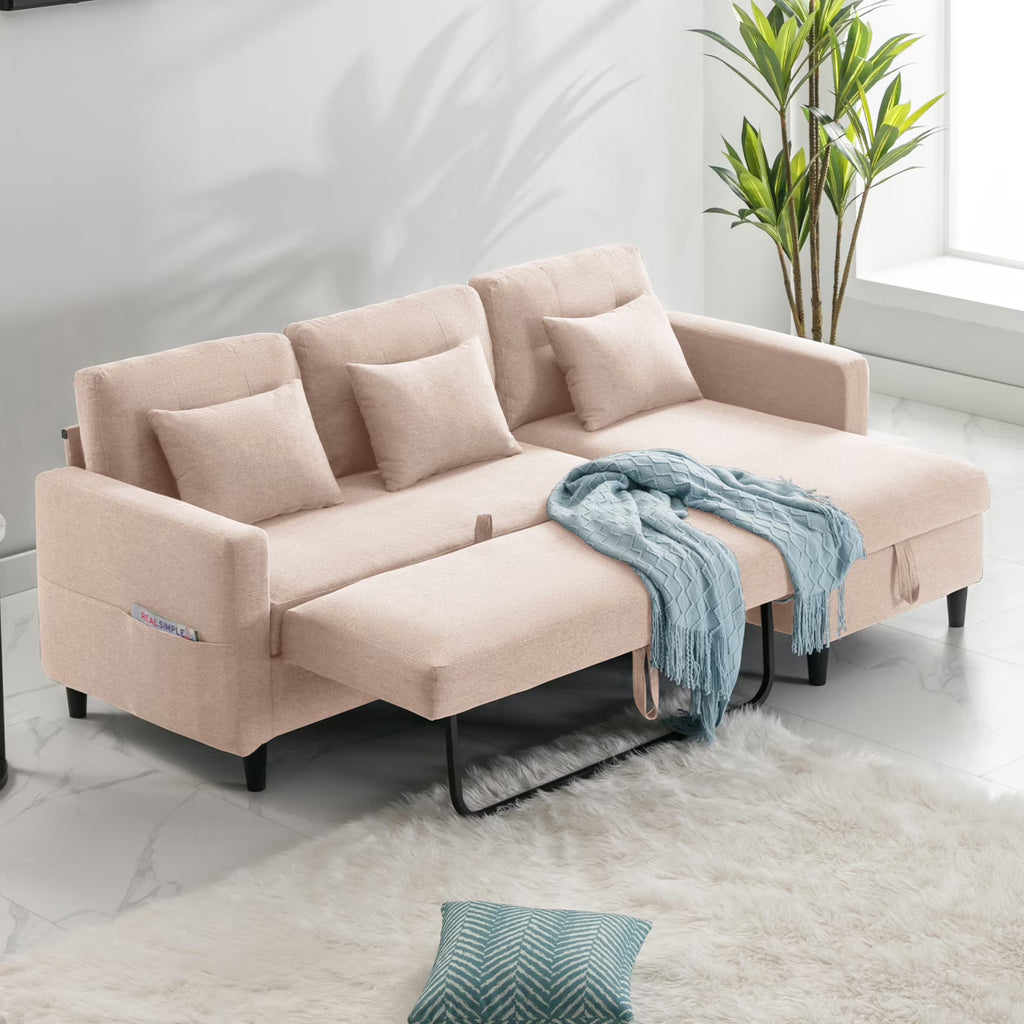 Beige Linen Reversible Sleeper Sectional Sofa with Storage Chaise J58976