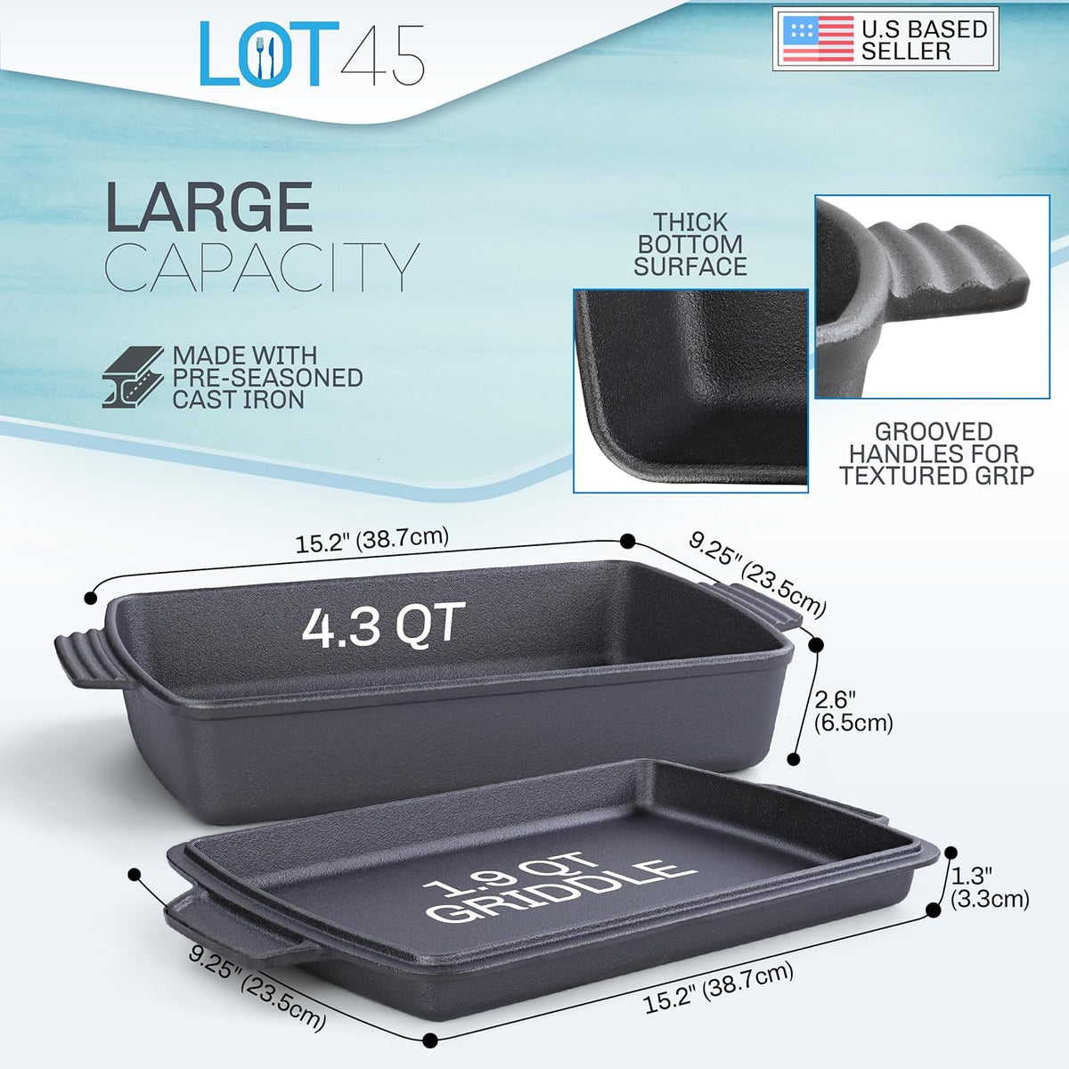 Cast Iron Casserole Dish With Lid 6 Quart Preseasoned 2 In 1 Cookware Set C67018