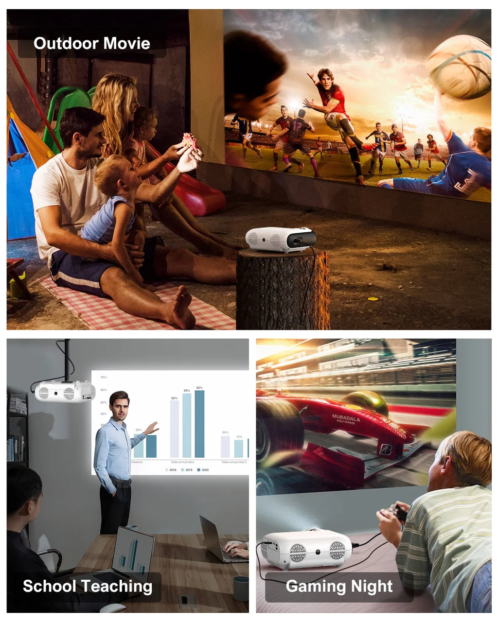 4K Support Native 1080P Bluetooth Projector, 300 ANSI 10000LM Portable Mini Outdoor Projector G3436