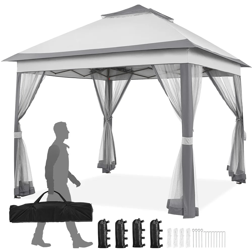 11x11 FT Pop-Up Gazebo with 4 Mesh Sidewalls, Light Gray I53630