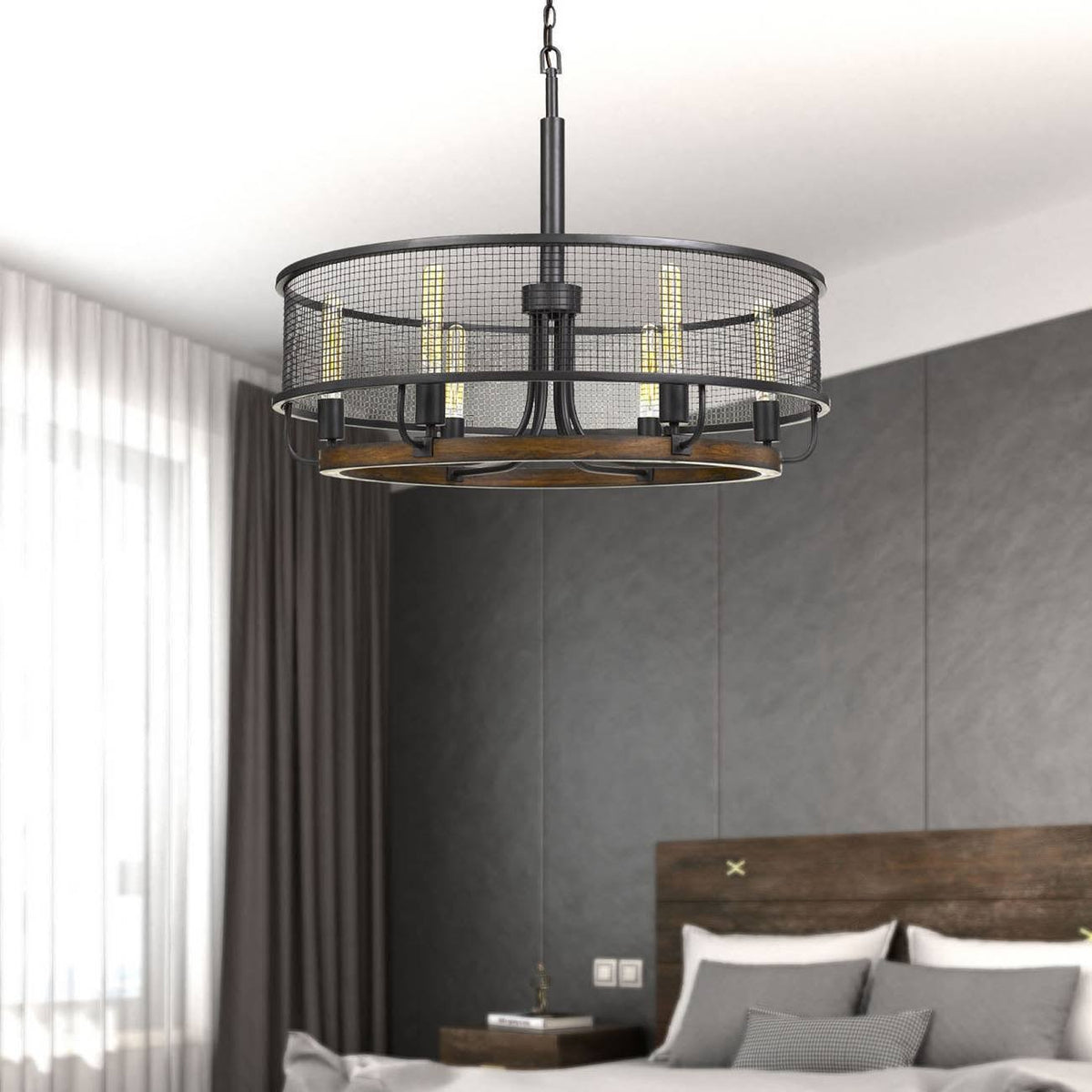 6-Light Metal/Wood Mesh Chandelier Bronze D706