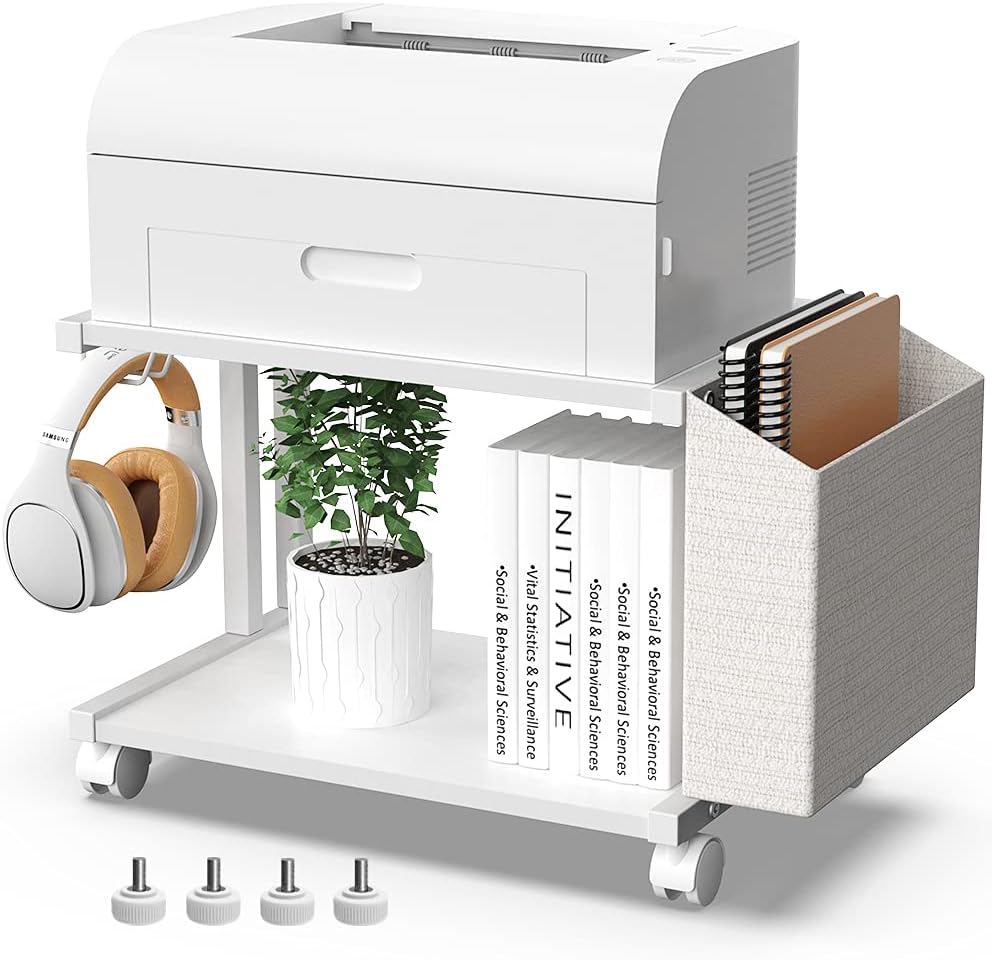 White Wooden Under Desk Printer Stand with Storage Bag G4190