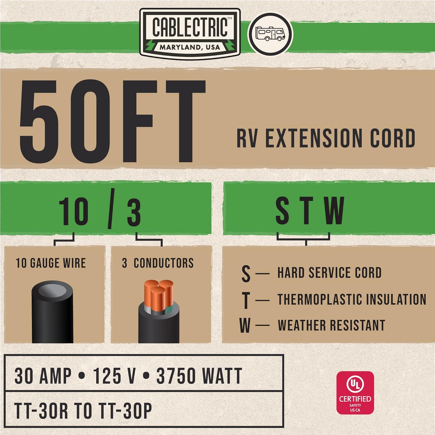 30 Amp 10/3 RV Extension Cord 25 Ft STW TT-30R to TT-30P 125v Green and Black T4136