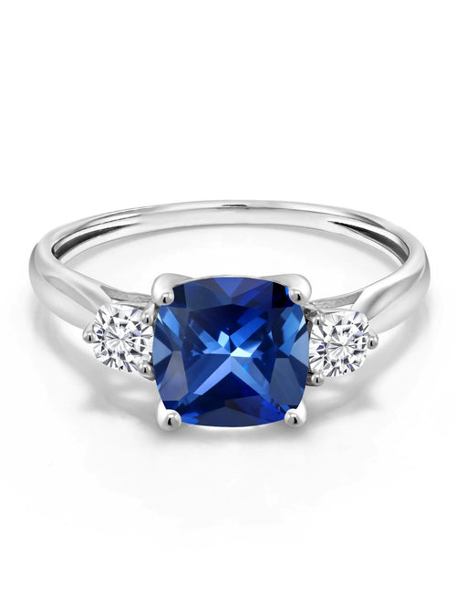 10K White Gold Blue Created Sapphire White Moissanite 3 Stone Engagement Ring T5983
