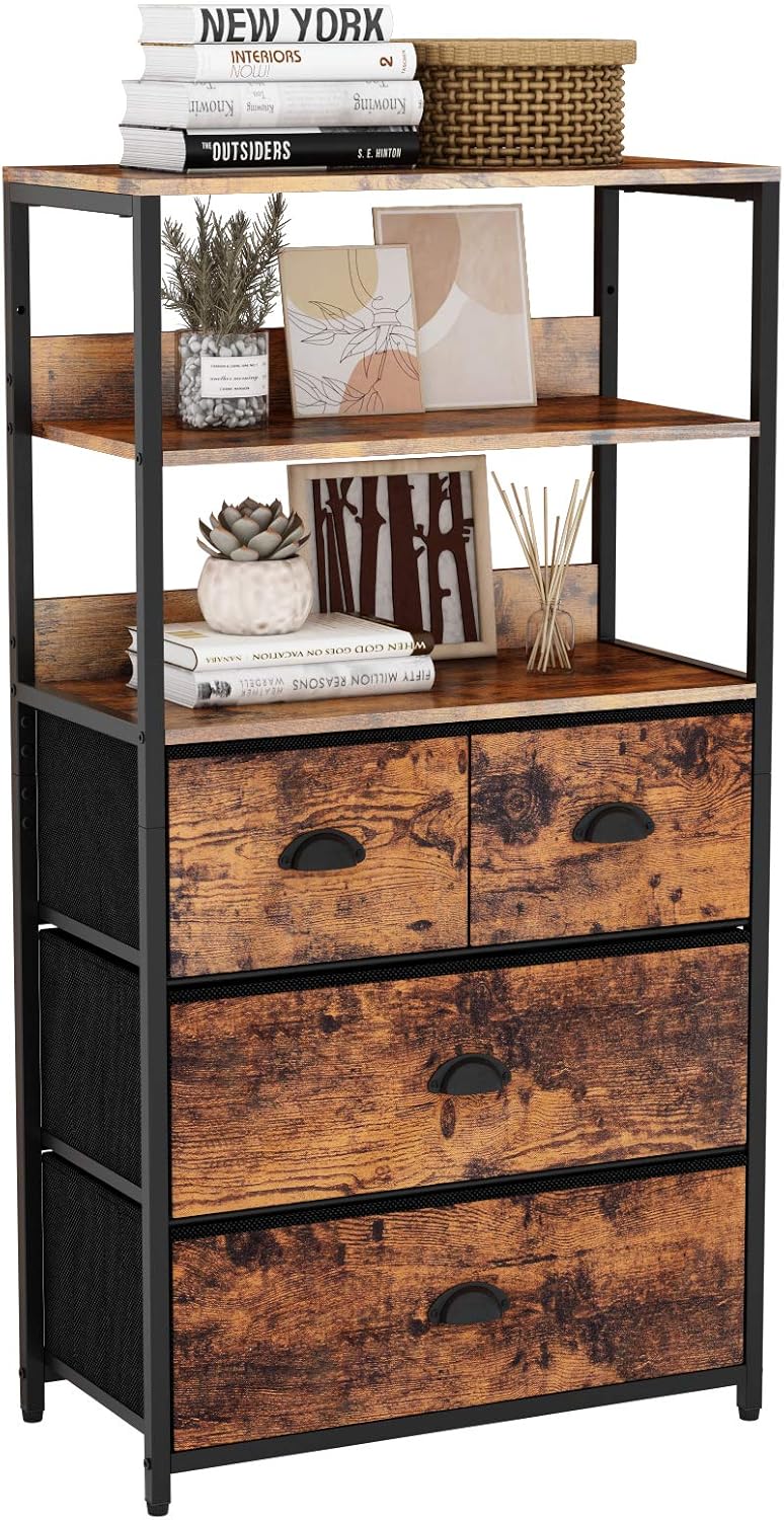 Vertical 4 Drawer Dresser with 3-tiers Wood Shelf, Tall Fabric Storage Tower, Metal Frame, Removable Brown Fabric Bins N7645