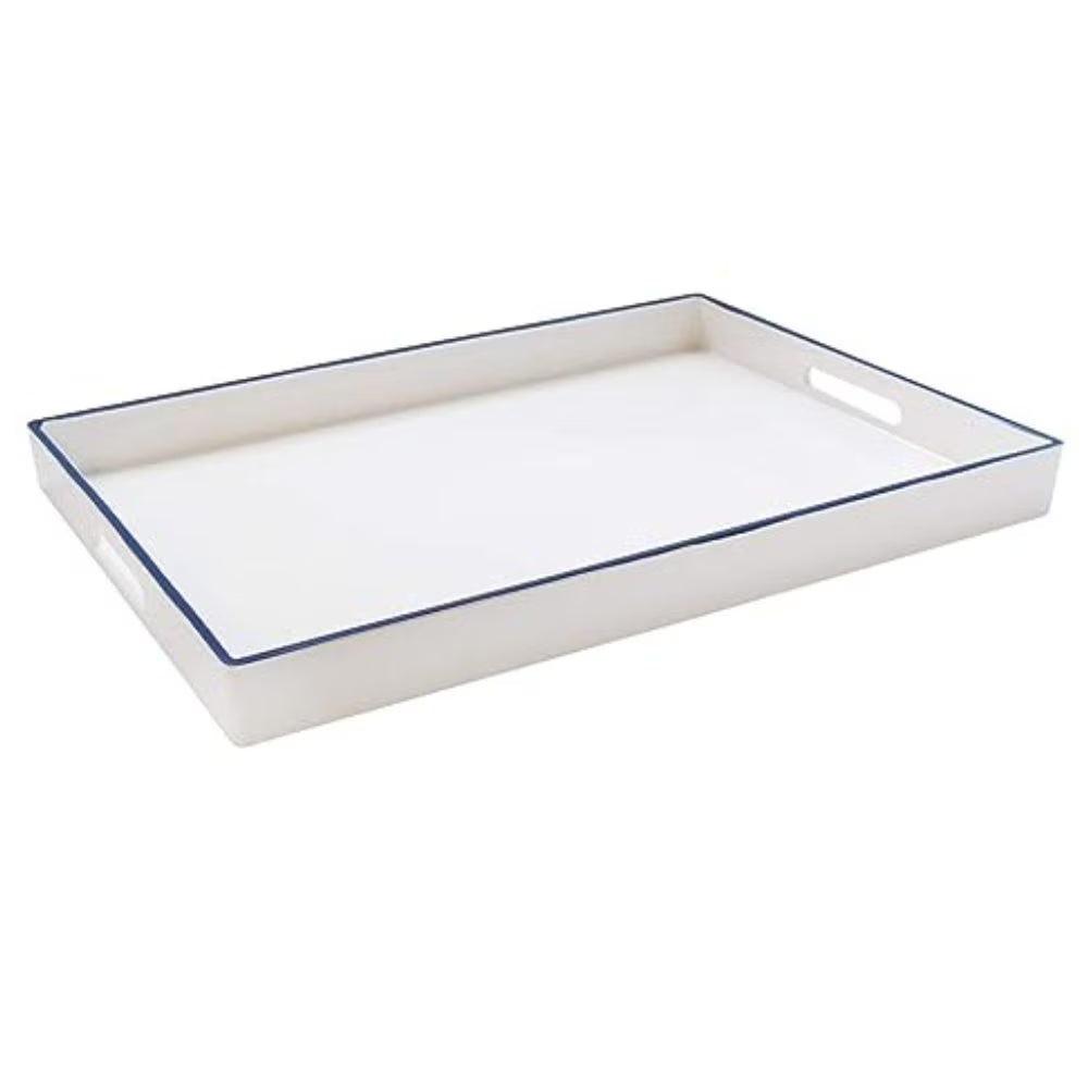 White with Blue Rim Polypropylene Rectangular Serving Tray with Handles K51304