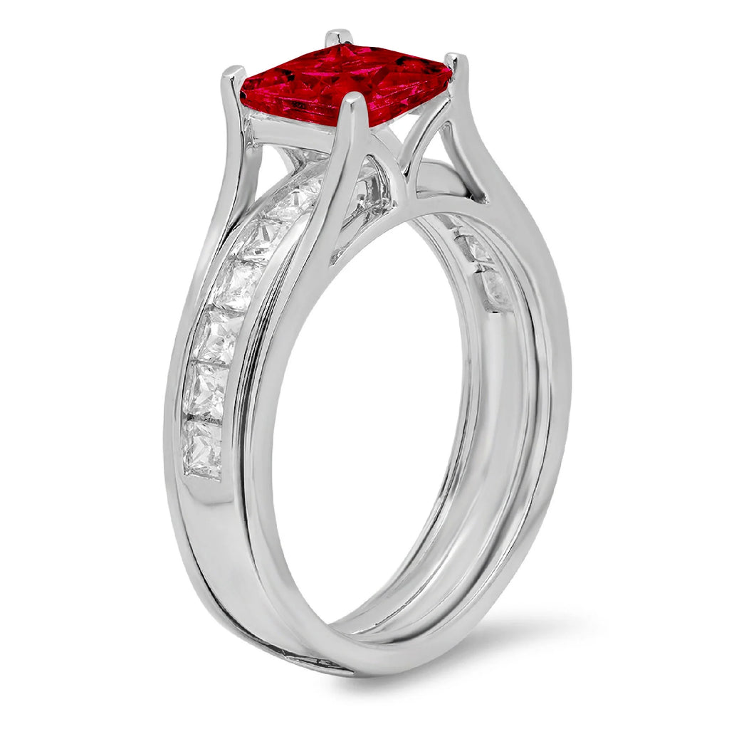 Princess Cut Red Natural Garnet 18k White Gold Ring Band Set Size 3.5 V5468