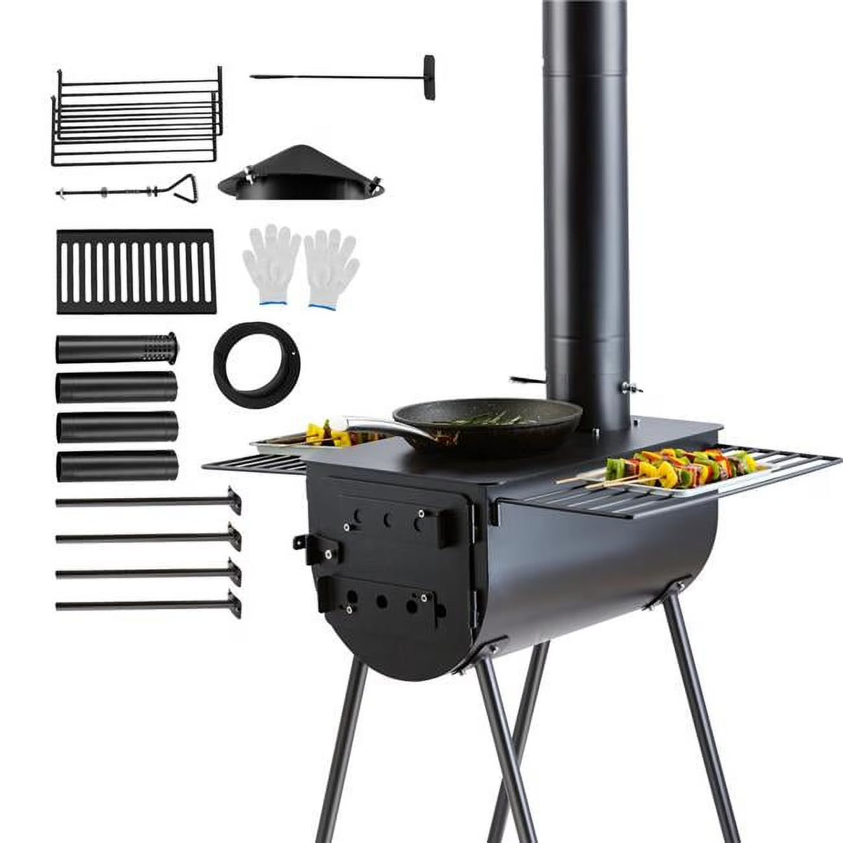 118 in. Wood Stove Alloy Steel Camping Tent Stove with Chimney Pipes & Gloves Y40450