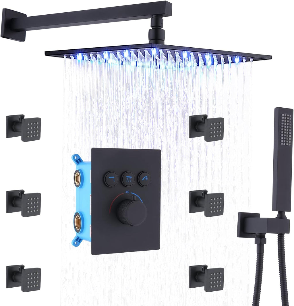 16 Inch Rain Shower Head System with Body Jets and Handheld, Matte Black T907