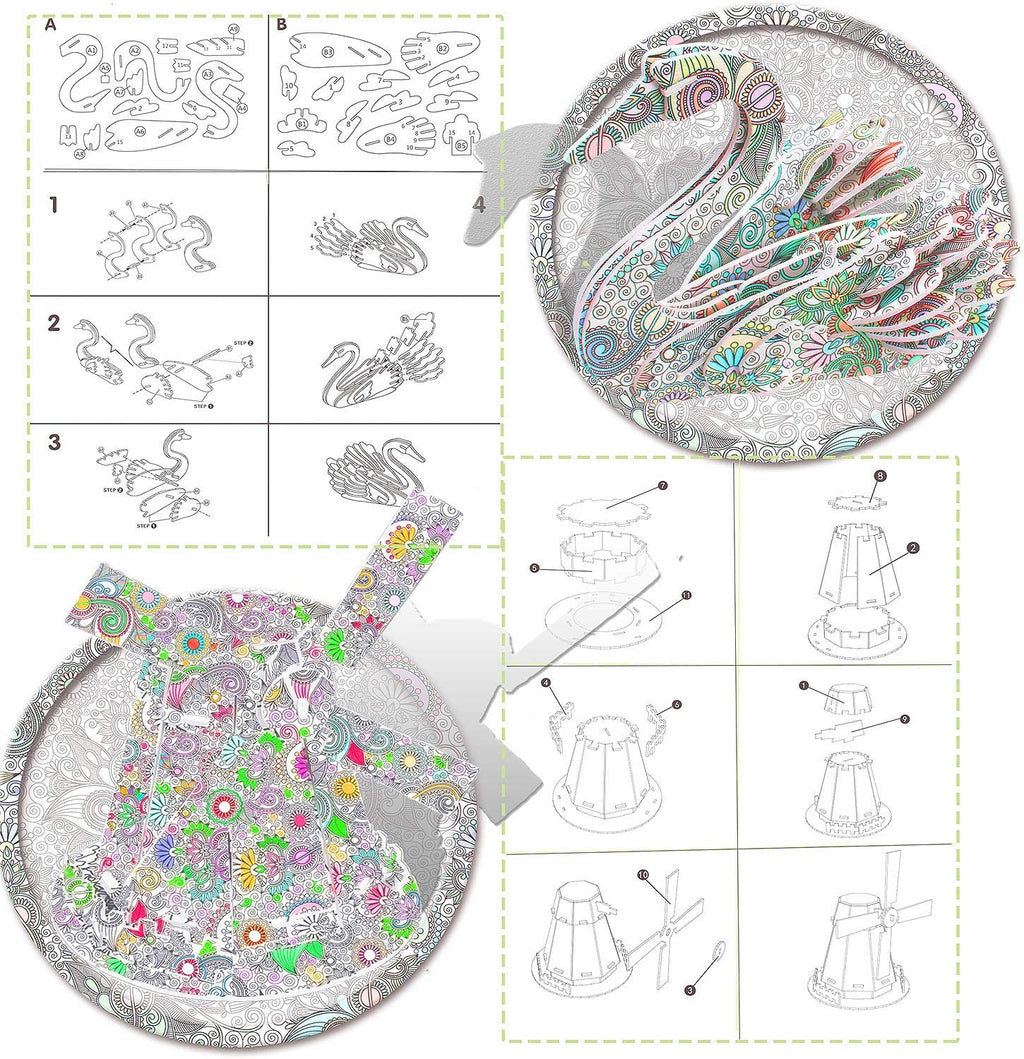 3D Coloring Puzzle Set with 24 Pen Arts and Crafts Kit E543731