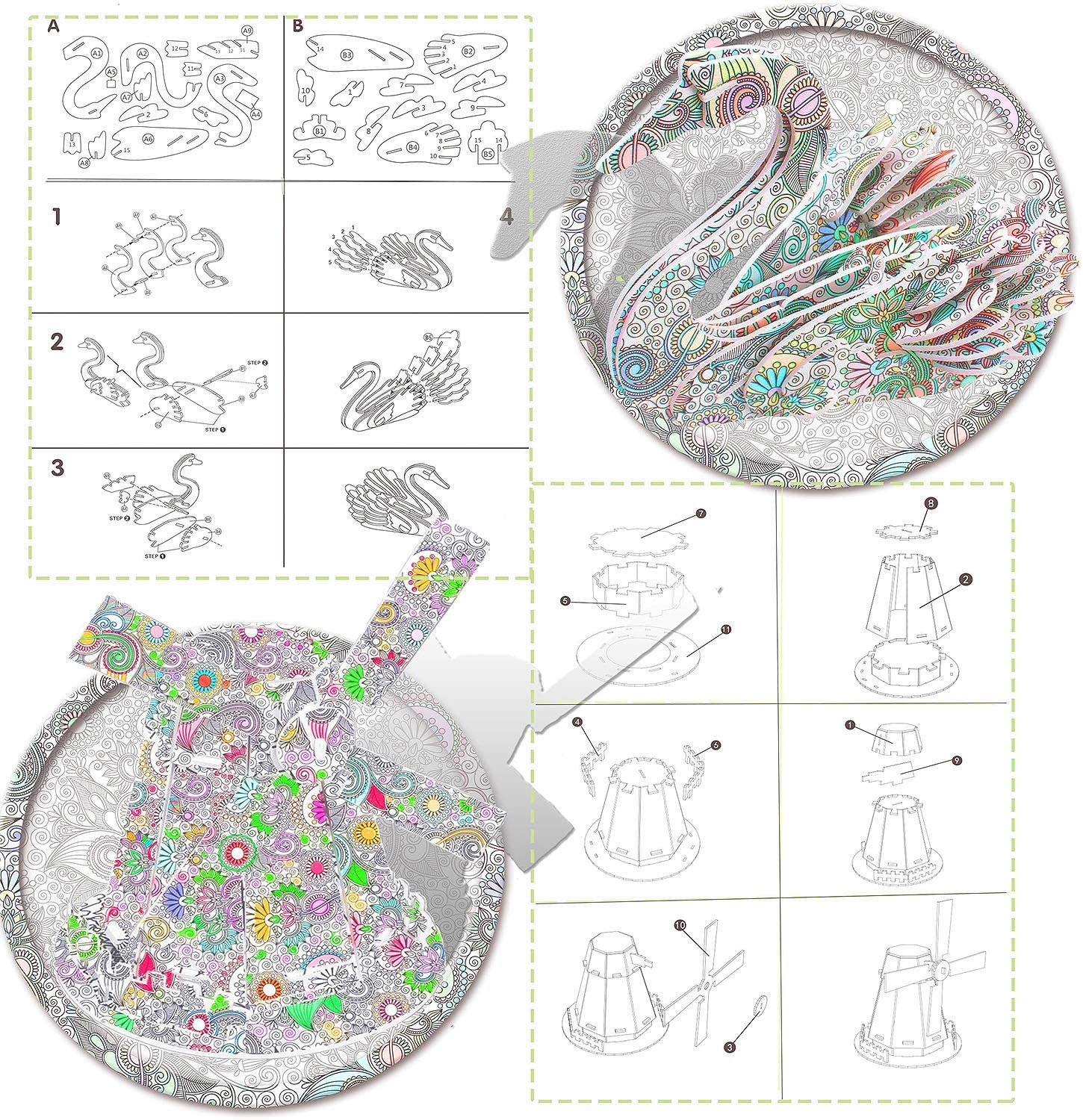 3D Coloring Puzzle Set with 24 Pen Arts and Crafts Kit E543731