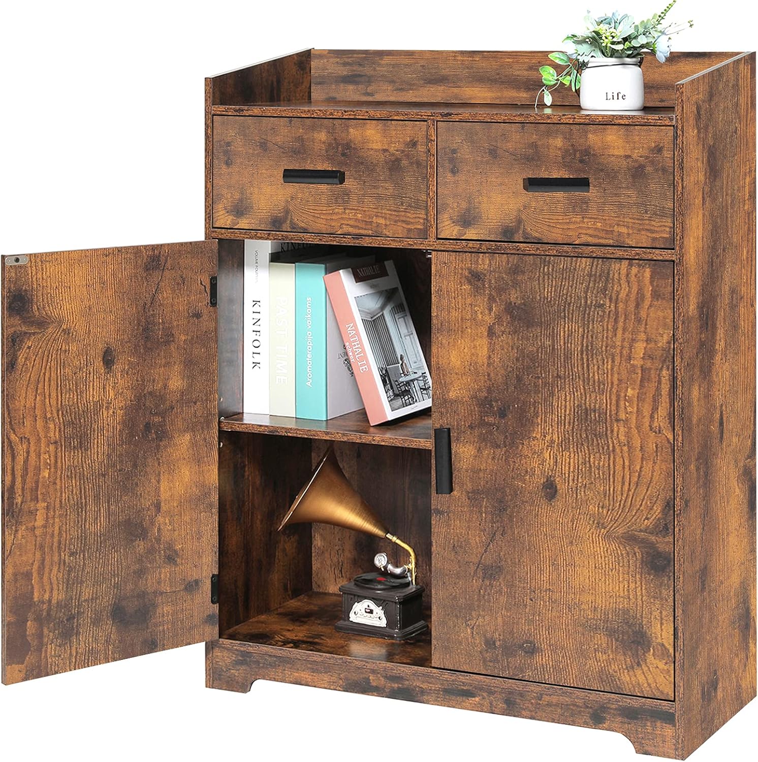 Rustic Brown Storage Cabinet with 2 Doors & Drawers K218