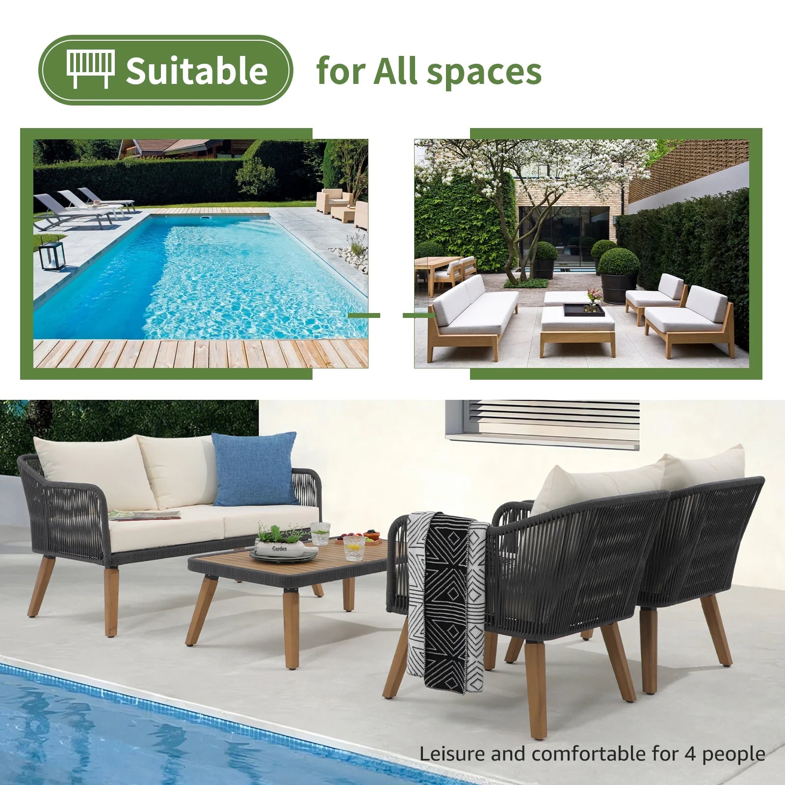 Cream White Acacia Wood Patio Rope Sofa Set with Coffee Table I8056
