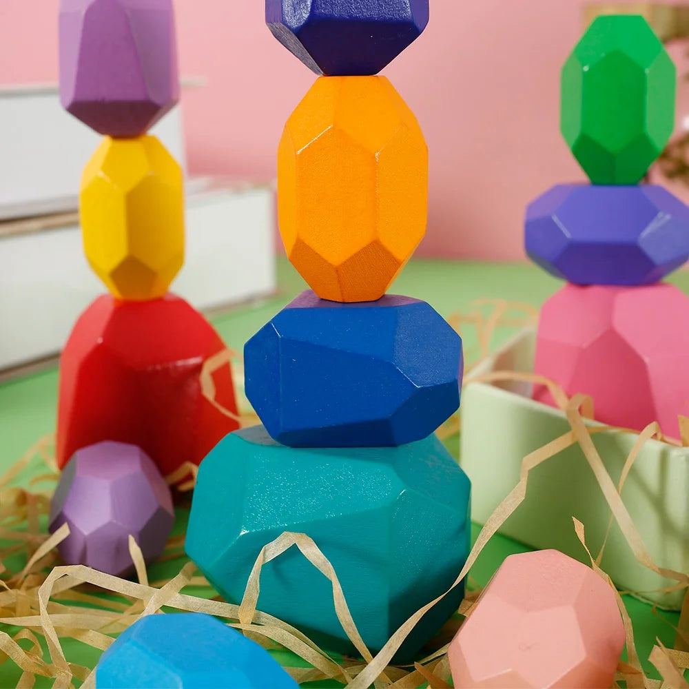Kids Wooden Colored Balancing Stone Stacking Building Block Toy Y222