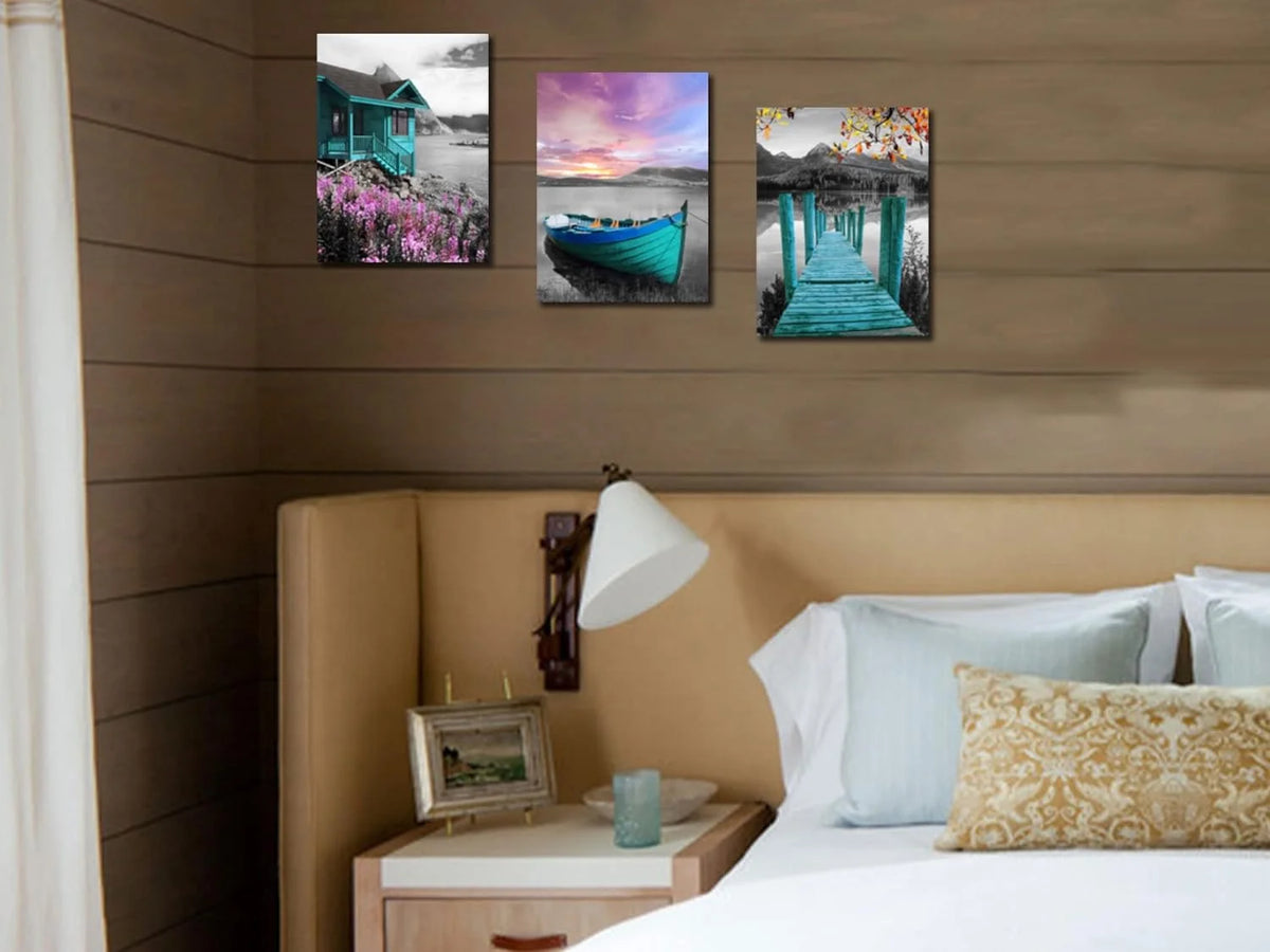 Teal Lake House Canvas Painting Framed 12"x16"x3 Panels B6663